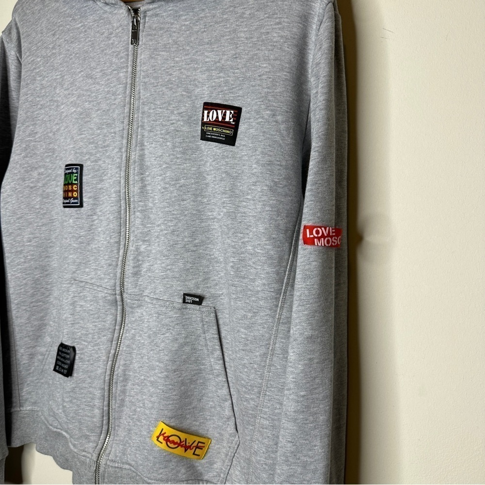 Love Moschino Mens Patches Zipper Hoodie Grey XXL - Picture 6 of 9